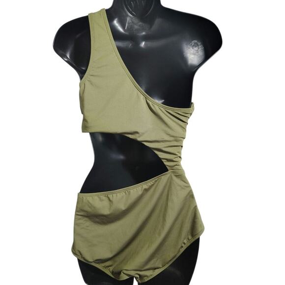 Shade Shore Shirred Cut One Shoulder One Piece Swimsuit Olive Green Medium - Picture 4 of 5